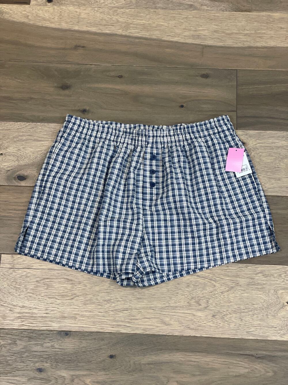 Mighty Fine Plaid Lounge Shorts Elastic Waist Blue Cream Size XL New With Tag